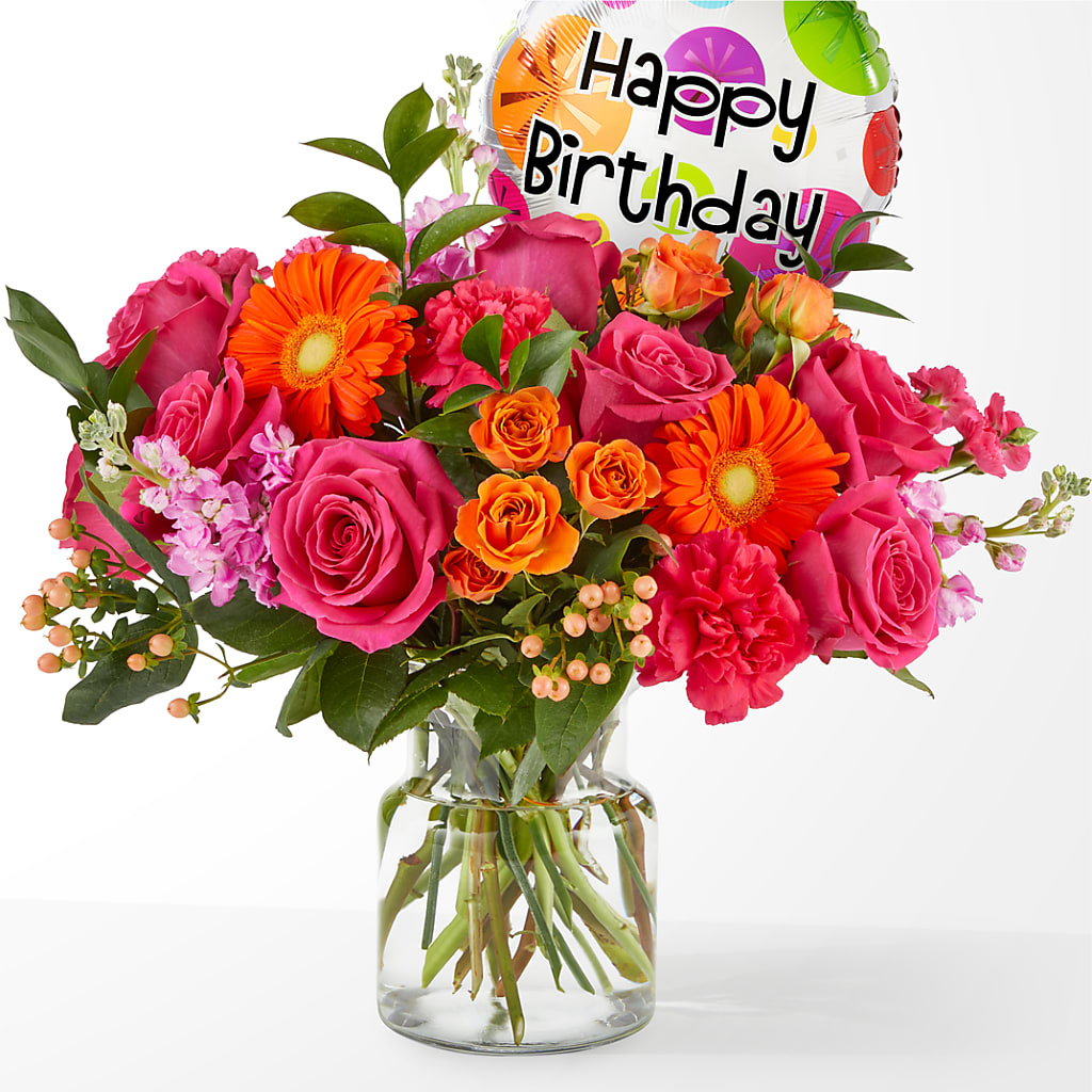 Fiesta Bouquet with Birthday Balloon – Mary Blooms Florist, Port Saint Lucie FL