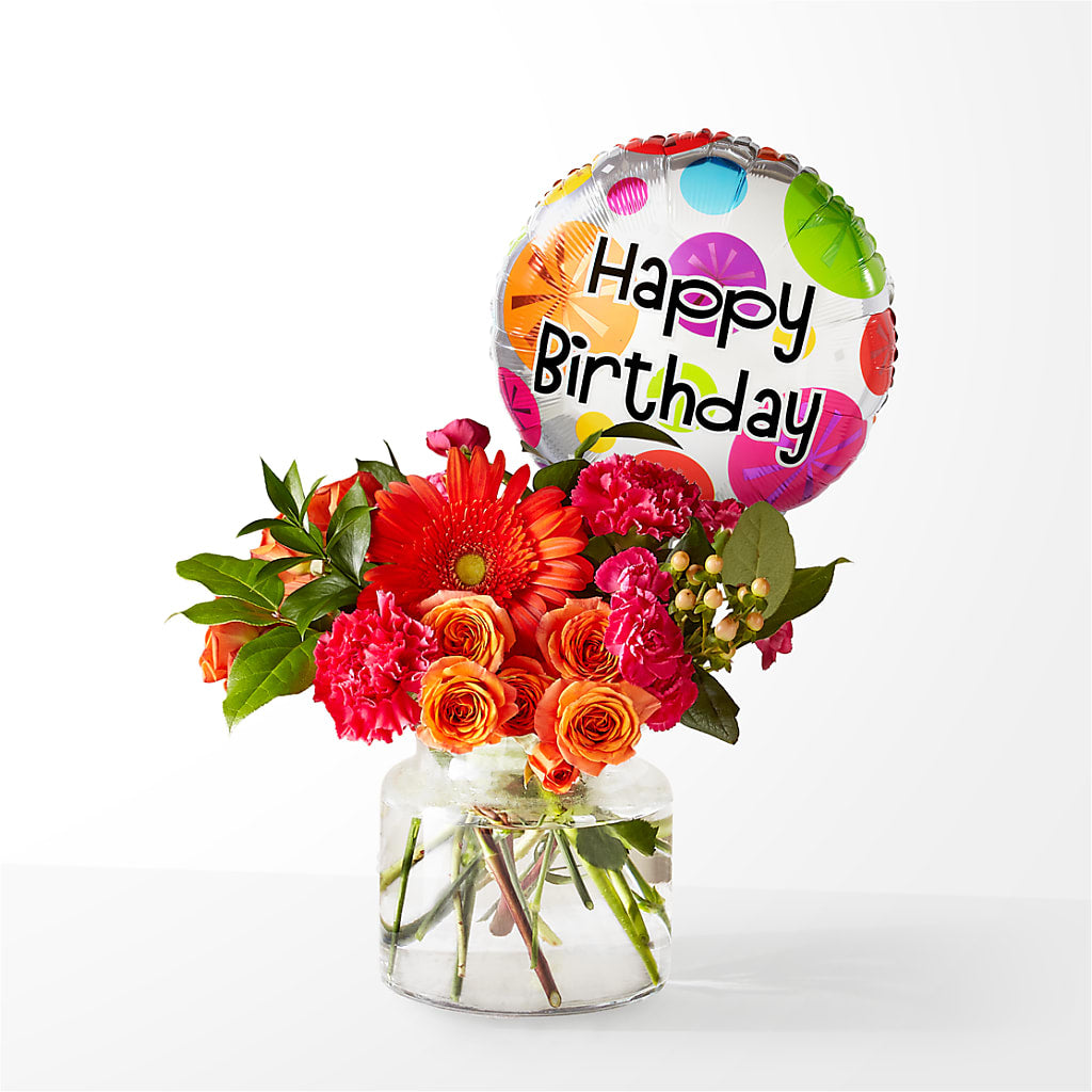 Fiesta Bouquet with Birthday Balloon – Mary Blooms Florist, Port Saint Lucie FL